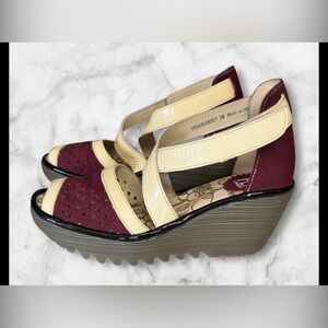 EUC Fly London Ydel Wedge Sandals Womens US EU 36 Cream Red Ankle Strap